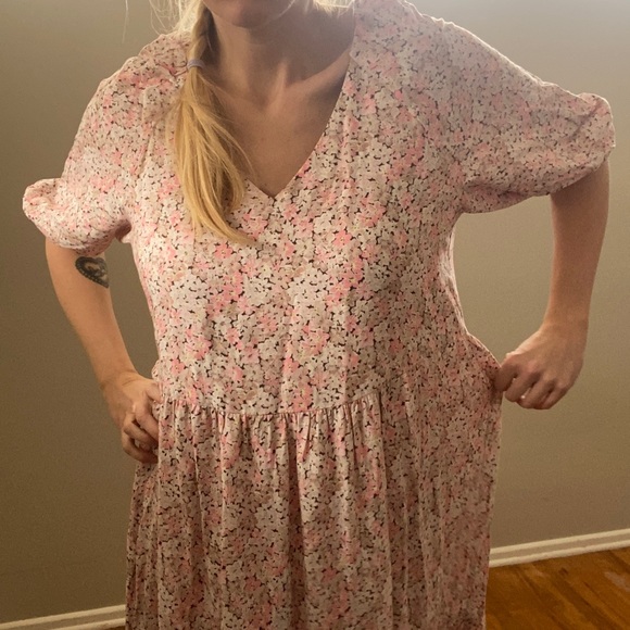 H&M Pink Boho Floral Puff Sleeve Tiered Maxi Sundress  Small 💖2 for $30💖 - Picture 4 of 12